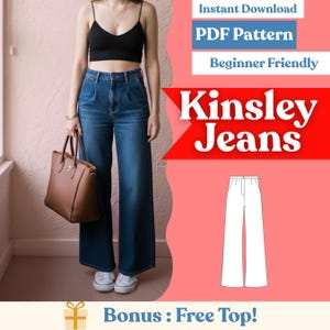May include: A woman wearing a black crop top and high-waisted, wide-leg blue jeans. She is holding a brown tote bag and wearing white sneakers. The image includes text that says "Kinsley Jeans", "PDF Pattern", and "Beginner Friendly".