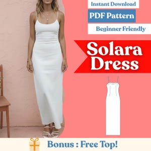 Pode incluir: Um vestido branco comprido com alças finas. A imagem é um anúncio de produto com o texto "Solara Dress" e "PDF Pattern". A imagem também inclui um desenho linear do vestido e o texto "Beginner Friendly."