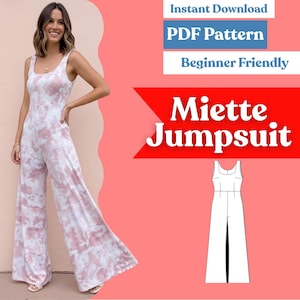 May include: A sleeveless jumpsuit with a white and dusty pink tie-dye pattern, featuring a scoop neckline and wide-leg trousers. The image includes text reading Instant Download, PDF Pattern, Beginner Friendly, and Miette Jumpsuit.