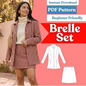 May include: A digital sewing pattern for the Brelle Set, featuring a houndstooth blazer and matching skirt. The image includes text: Instant Download, PDF Pattern, Beginner Friendly, and Brelle Set, alongside a technical line drawing of the garments.