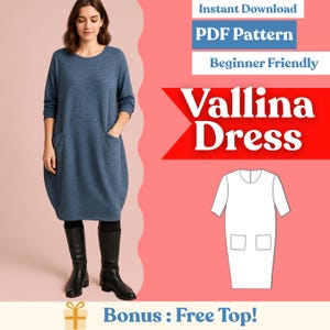 Może przedstawiać: Kobieta w niebieskiej sukience z kieszeniami i czarnymi butami. Obraz zawiera tekst "Instant Download PDF Pattern Beginner Friendly Vallina Dress Bonus: Free Top!"