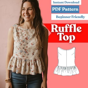 Può includere: Un top senza maniche con volant caratterizzato da un motivo a quadretti vichy beige e bianco con piccoli accenti floreali rossi e blu. L'immagine include il testo Instant Download, PDF Pattern, Beginner Friendly, Ruffle Top e un disegno tecnico.