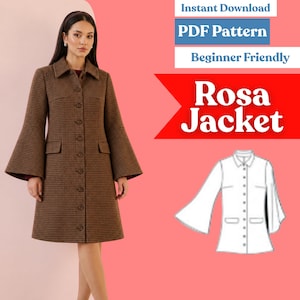 May include: A brown and black houndstooth jacket with a collar, long bell sleeves, and a button-down front. The image includes text that reads: Instant Download, PDF Pattern, Beginner Friendly, and Rosa Jacket, alongside a white line drawing.