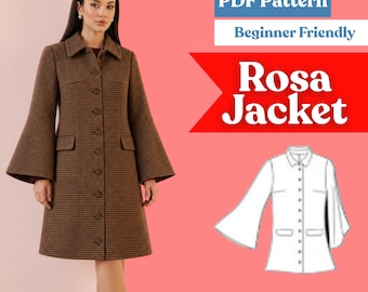 May include: A brown and black houndstooth jacket with a collar, long bell sleeves, and a button-down front. The image includes text that reads: Instant Download, PDF Pattern, Beginner Friendly, and Rosa Jacket, alongside a white line drawing.