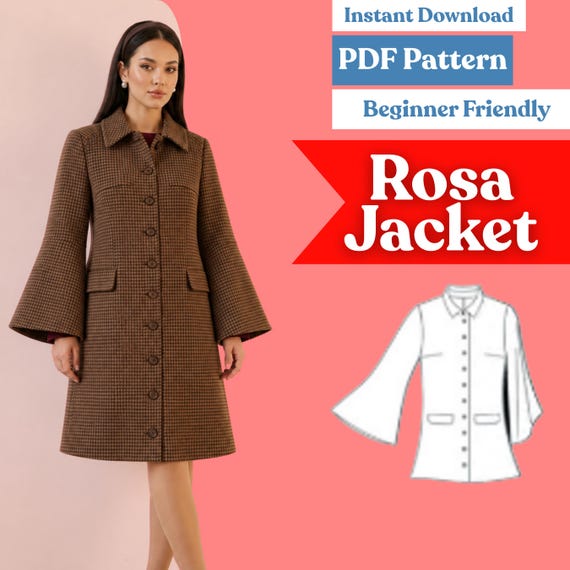 Trapeze Swing Coat Sewing Pattern: Women’s Flared Sleeve Convertible Collar Jacket (PDF Download, XXS–5XL)