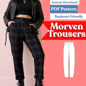 Puede incluir: Pantalones de talle alto con un patrón de cuadros en verde oscuro, negro y granate, con pliegues delanteros y dobladillos con vuelta. La imagen incluye el texto Instant Download, PDF Pattern, Beginner Friendly, Morven Trousers y un dibujo lineal.