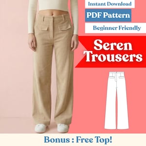 Puede incluir: Pantalones de pana color beige con pernera ancha y dos bolsillos delanteros. Cierre con botón. La imagen incluye texto: "Instant Download PDF Pattern Beginner Friendly Seren Trousers Bonus: Free Top!"