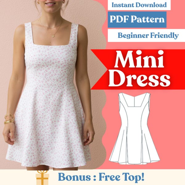 Square-Neck Mini Dress Sewing Pattern – Fit & Flare (PDF, A0/A4/US-Letter, XXS–5XL)