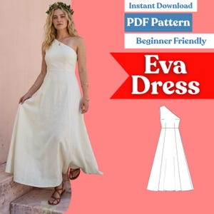 Może przedstawiać: Długa, kremowa sukienka na jedno ramię z dopasowaną górą i rozkloszowanym dołem. Obraz zawiera tekst Instant Download, PDF Pattern, Beginner Friendly oraz Eva Dress, a także czarno-biały rysunek techniczny sukienki.