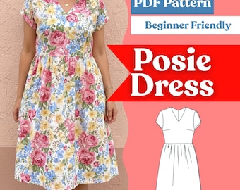 V-Neck Gathered-Waist Dress Sewing Pattern PDF | Short Sleeve Fit & Flare | Women’s | Instant Download | Multi-Size (XXS–5XL)