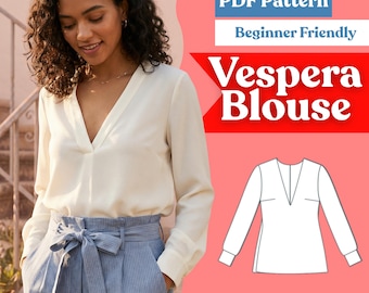 V-Neck Blouse Sewing Pattern: Plunge Neck Long Sleeve Cuffed Top (PDF Download, XXS–5XL)