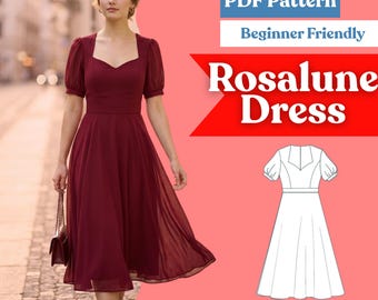 Sweetheart Neck Dress Sewing Pattern: Women’s Bishop Sleeve Half Circle Skirt Midi (PDF Download, XXS–5XL)