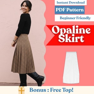 Puede incluir: Una mujer con una blusa negra de manga larga y una falda a cuadros marrón. La falda es plisada y llega a la pantorrilla. La imagen incluye el texto "Opaline Skirt", "PDF Pattern" y "Beginner Friendly".