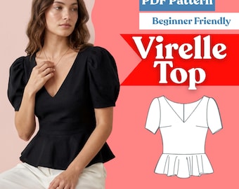 Fitted Peplum Top Sewing Pattern: Women’s V-Neck Puff Sleeve Blouse (PDF Download, XXS–5XL)