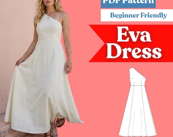 One-Shoulder Grecian Maxi Dress Sewing Pattern: Panelled Flared Skirt (PDF Download, XXS–5XL)