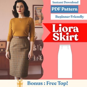 May include: A woman wearing a mustard-colored long-sleeve top and a brown plaid pencil skirt with a belt. The image includes text that says "Liora Skirt", "PDF Pattern", and "Beginner Friendly".