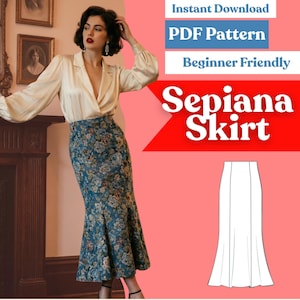 May include: A digital PDF sewing pattern for the Sepiana Skirt, featuring a blue floral tapestry fabric with a flared hemline. The image includes text reading Instant Download, PDF Pattern, Beginner Friendly, and Sepiana Skirt with a line drawing.