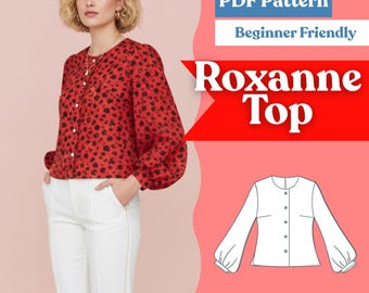 Cropped Bishop-Sleeve Blouse Sewing Pattern (PDF) | Round-Neck Button-Down Shirt | Women’s Boxy Fit Top