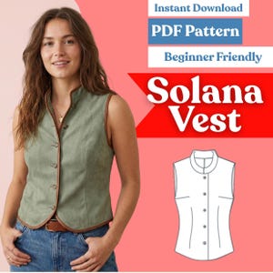 May include: A sage green sleeveless vest with brown leather-look trim and a front button closure. The image includes text reading Instant Download, PDF Pattern, Beginner Friendly, and Solana Vest, alongside a white line drawing of the vest.