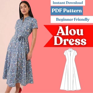 Split Neck Dress Sewing Pattern: Women’s Flared Collared Maxi Dress (PDF Download, XXS-5XL)