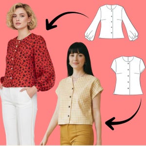 Puede incluir: Una blusa roja con estampado floral negro y mangas largas abullonadas, junto a una blusa de manga corta con cuadros vichy amarillos. Ambas prendas tienen cuello redondo y cierre frontal de botones, acompañadas de dibujos técnicos.
