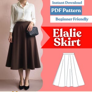 Könnte beinhalten: Ein brauner wadenlanger Rock mit ausgestellter Silhouette, kombiniert mit einem weißen langärmeligen Hemd und einer schwarzen gesteppten Handtasche. Das Bild enthält den Text: Instant Download, PDF Pattern, Beginner Friendly, Elalie Skirt.