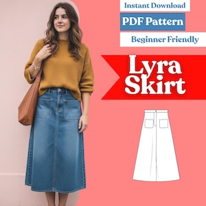 A-Line Midi Denim Skirt Sewing Pattern (PDF) – High-Waist Jean Skirt with Patch Pockets – XXS–5XL
