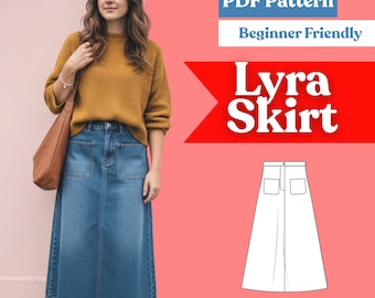 A-Line Midi Denim Skirt Sewing Pattern (PDF) – High-Waist Jean Skirt with Patch Pockets – XXS–5XL
