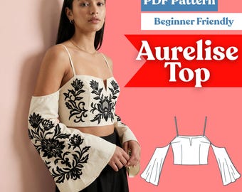 Off-Shoulder Crop Top Sewing Pattern: Bell Sleeve Button-Back Top (PDF Instant Download, XXS–5XL)