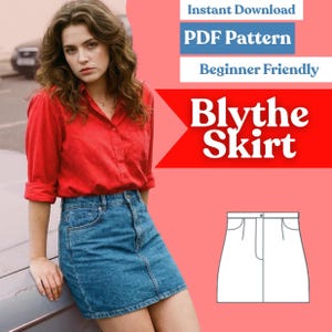 May include: A digital PDF sewing pattern for the Blythe Skirt, featuring a line drawing of a denim mini skirt with pockets and a button closure. The graphic includes the text Instant Download, PDF Pattern, Beginner Friendly, and Blythe Skirt.