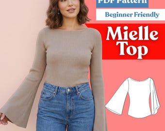 Boat Neck Knit Top Sewing Pattern: Flared Bell Sleeve Curved Hem Shirt (PDF Instant Download, XXS–5XL)