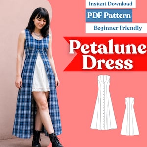 Pode incluir: Um vestido sem mangas xadrez azul com fecho de botões frontal, usado sobre uma saia de renda branca. A imagem inclui o texto Instant Download, PDF Pattern, Beginner Friendly, Petalune Dress e um desenho de linha do vestido.