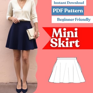 May include: A navy blue mini skirt with a flared silhouette, paired with a cream-colored button-down cardigan and a matching clutch. The image includes text reading Instant Download, PDF Pattern, Beginner Friendly, and Mini Skirt.