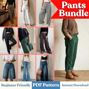 Puede incluir: Se muestra una colección de varios estilos de pantalones, incluyendo blancos, a cuadros y de mezclilla. La imagen presenta una variedad de pantalones, incluyendo de pierna ancha, rectos y culottes. El texto "Pants Bundle" es visible, con "Beginner Friendly PDF Pattern Instant Download" en la parte inferior.