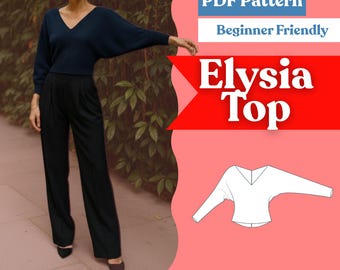 Knit Batwing V-Neck Crop Top Sewing Pattern (PDF, A0/A4/US-Letter + Projector, XXS–5XL)