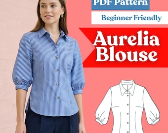 Bishop Sleeve Blouse Sewing Pattern: Women’s Collared Button-Up Shirt (PDF Download, XXS-5XL)