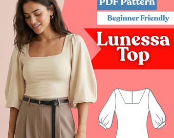 Knit Top Sewing Pattern: Square Neck Elbow-Length Bishop Sleeve Top (PDF Instant Download, XXS–5XL)