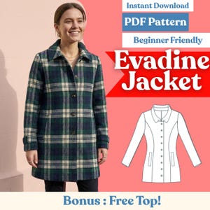 Może przedstawiać: Kobieta w zielono-niebieskiej kurtce w kratę Evadine. Obraz zawiera tekst "Instant Download PDF Pattern Beginner Friendly Evadine Jacket Bonus: Free Top!". Pokazano również rysunek linii kurtki.
