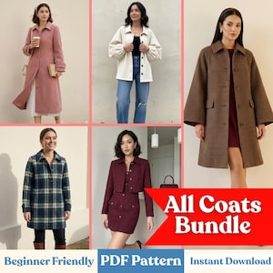 Puede incluir: Una colección de abrigos en varios estilos y colores. Incluye un abrigo largo rosa, una chaqueta color crema, un abrigo marrón estampado, un abrigo a cuadros verde y un traje burdeos. El texto dice "All Coats Bundle", "Beginner Friendly", "PDF Pattern" y "Instant Download".