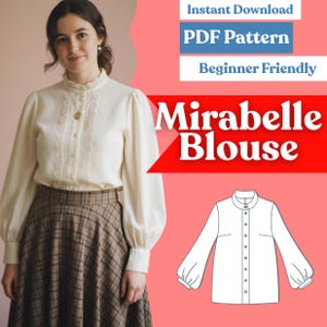 Vintage Bishop-Sleeve Blouse Sewing Pattern: Stand (Mandarin) Collar, Button-Front, Loose Fit (PDF Download, XXS–5XL)