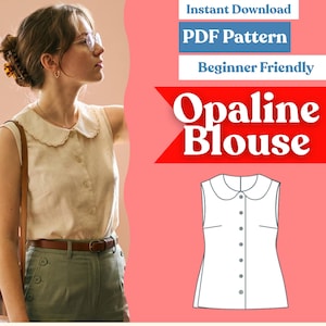 Collared Button Down Blouse Sewing Pattern: Peterpan collar sleeveless blouse (PDF Instant Download, XXS–5XL)