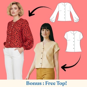 Puede incluir: Dos mujeres modelando blusas abotonadas. Una blusa es roja con estampado floral negro, la otra es de cuadros amarillos. Se muestran dibujos lineales de los patrones de las blusas. El texto en la parte inferior dice "Bonus: Free Top!"