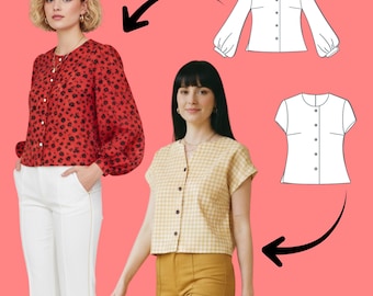 Blouse Sewing Pattern Set – Cropped Button-Down + Bishop-Sleeve Shirt | Round-Neck Women’s Tops | Beginner Friendly