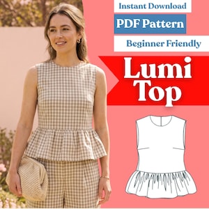 Peplum Top Sewing Pattern: Women’s Sleeveless Ruffle Hem Blouse (PDF Download, XXS-5XL)peplum top pattern