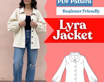 May include: A cream-colored button-down jacket with long, voluminous sleeves, worn over a black top and blue jeans. The image includes text reading Instant Download, PDF Pattern, Beginner Friendly, and Lyra Jacket, alongside a line drawing of the jacket.