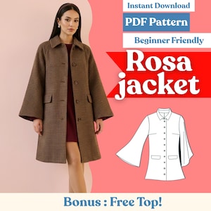 Può includere: Un cappotto marrone e nero fantasia con maniche ampie e colletto. L'immagine include il testo "Rosa jacket", "PDF Pattern" e "Beginner Friendly". Viene mostrato anche un disegno a tratto del cappotto.