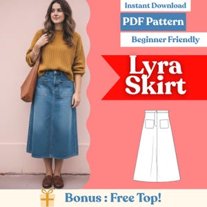Peut inclure: Une femme porte un pull moutarde et une jupe midi en jean avec deux poches avant. L'image contient le texte "Lyra Skirt", "PDF Pattern" et "Beginner Friendly".