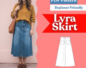 A-Line Midi Denim Skirt Sewing Pattern (PDF) – High-Waist Jean Skirt with Patch Pockets – XXS–5XL