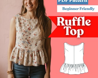 Boat Neck Peplum Top Sewing Pattern – Cropped Ruffle Hem (PDF, A0/A4/US-Letter, XXS–5XL)