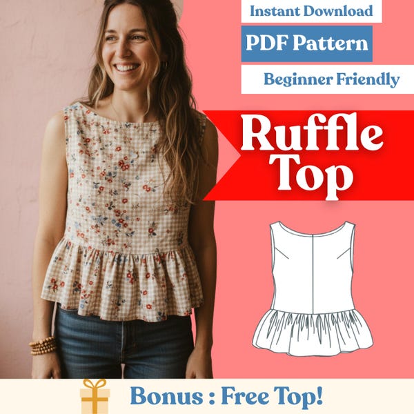Boat Neck Peplum Top Sewing Pattern – Cropped Ruffle Hem (PDF, A0/A4/US-Letter, XXS–5XL)